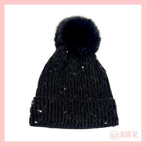 Adrienne Landau Sequin Beanie with Fox Fur Pom in Black